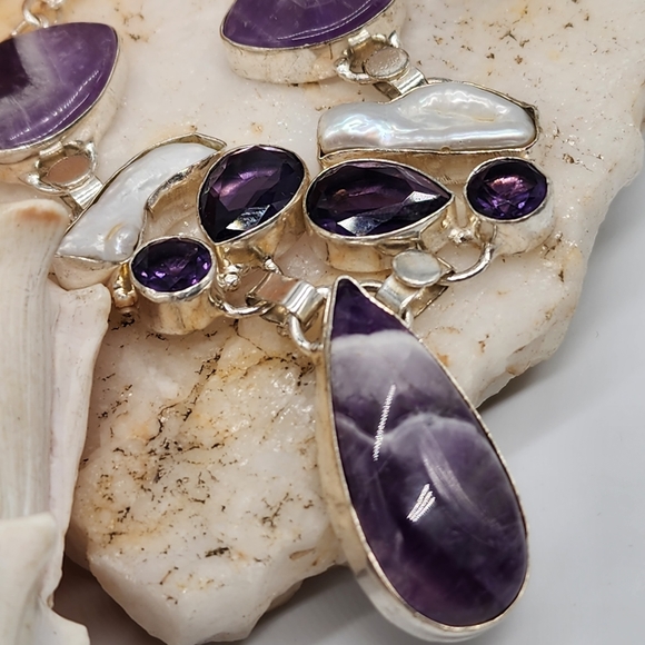 Silver 925 Long Necklace Pendant Pearl  Amethyst Stones - Picture 7 of 10